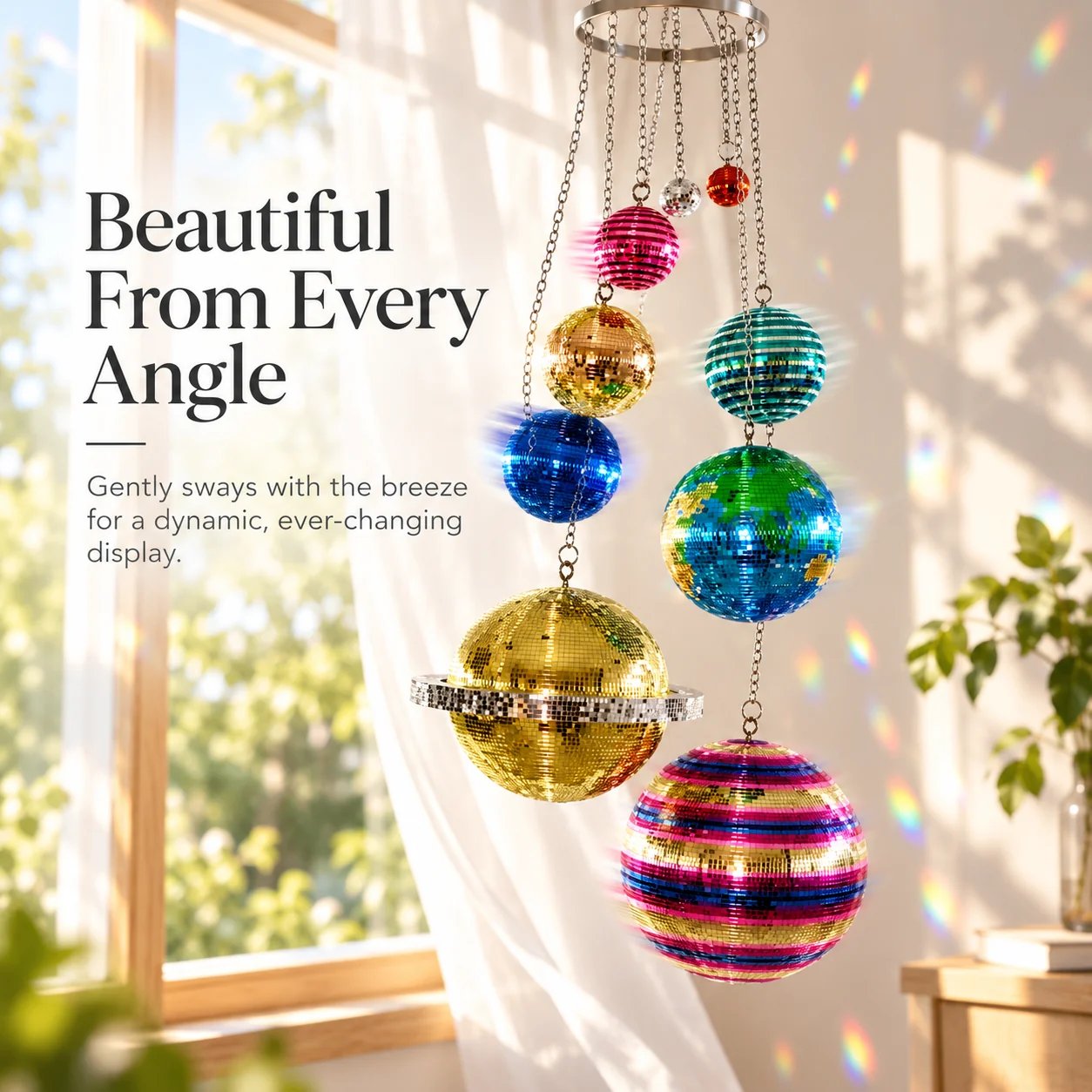 Solar system disco ball mobile gently shifting near bright window with rainbow reflections