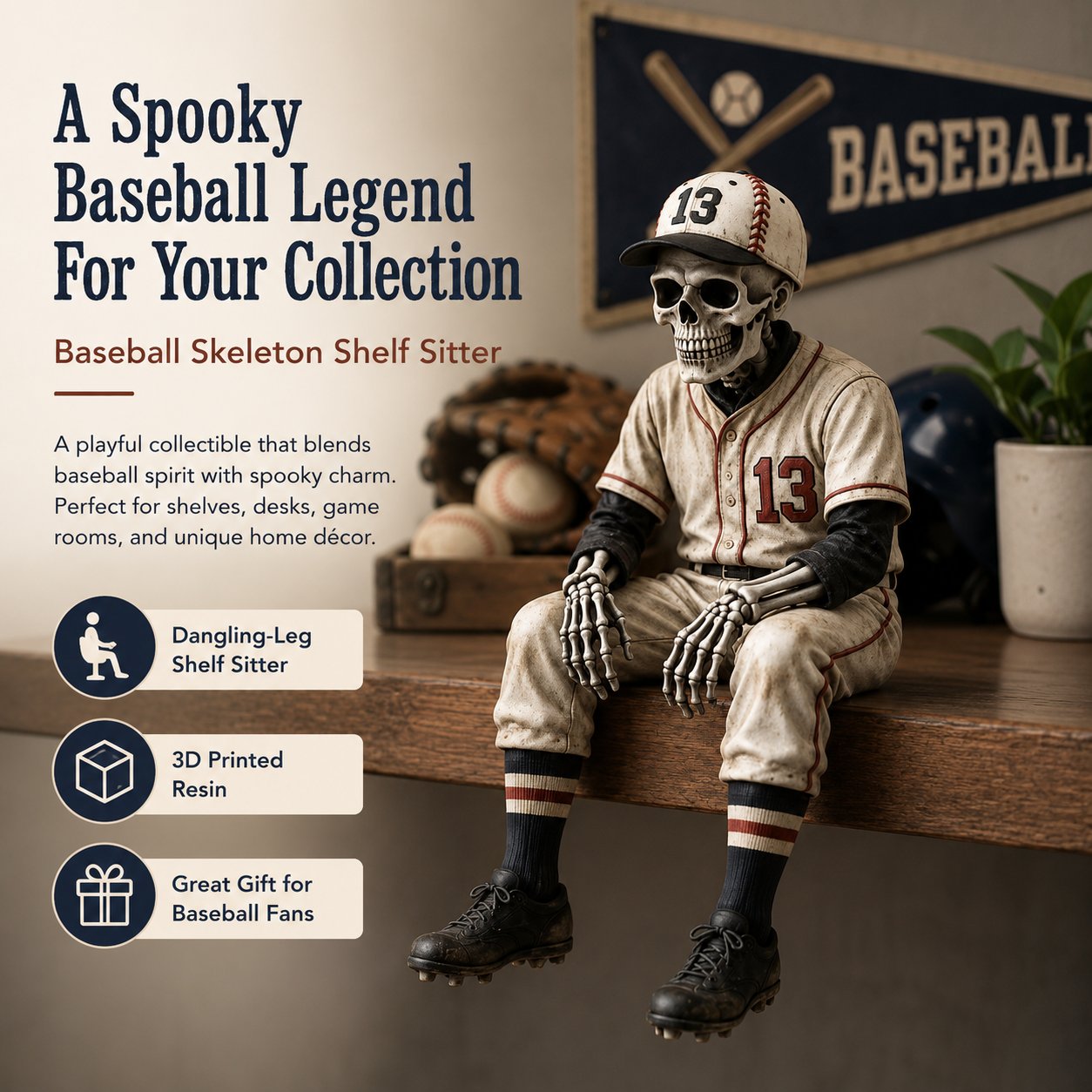 Baseball skeleton shelf sitter on shelf desk mantel game room decor