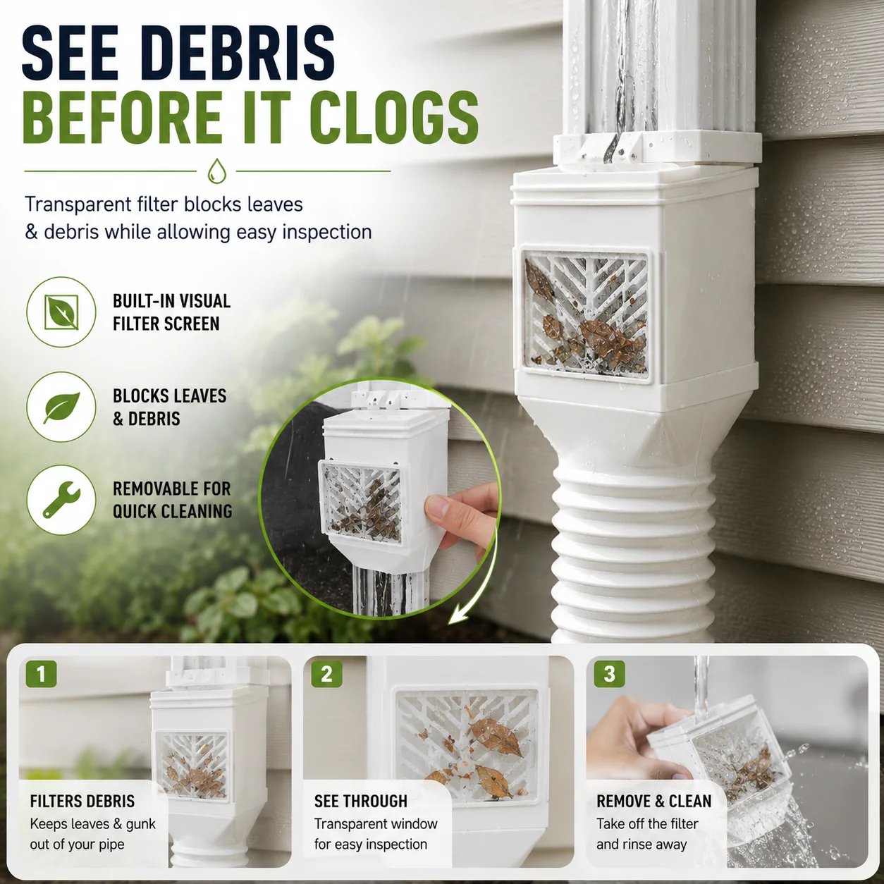 Visible removable downspout debris filter
