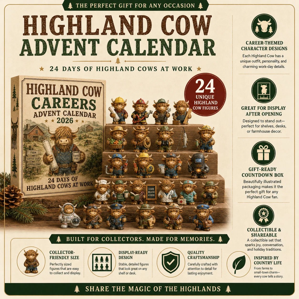 Highland Cow Advent Calendar collection features and gift-ready design