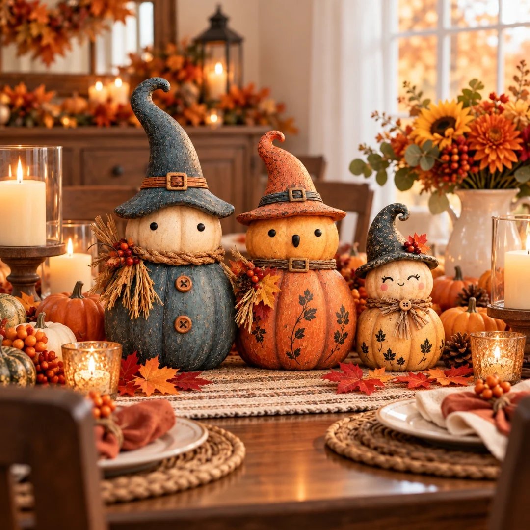 Three vintage pumpkin witch figurines in a bright fall entryway
