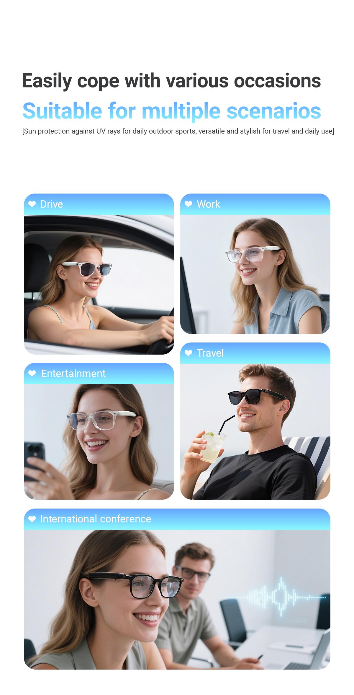 KOIPSSE Smart Glasses, AI Translation Headphones, TWS Wireless Smart Device, HIFI Sound Quality Sunglasses, Multi-Function Glasses, BT5.4 Unisex Dual Touch, Rechargeable Long Battery Life, Hands-Free Calling, Smart Audio Glasses