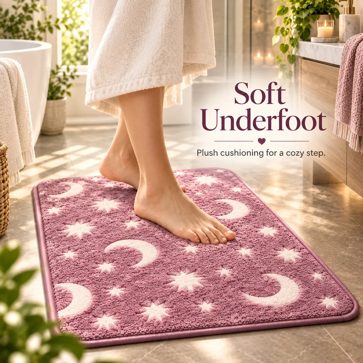 Bare feet resting on a soft moon and star bath mat