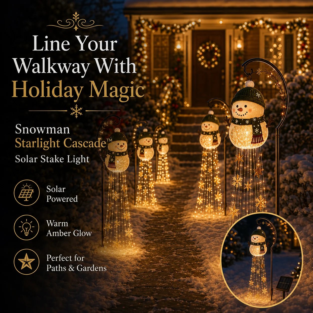 Snowman Christmas lights lining a winter walkway