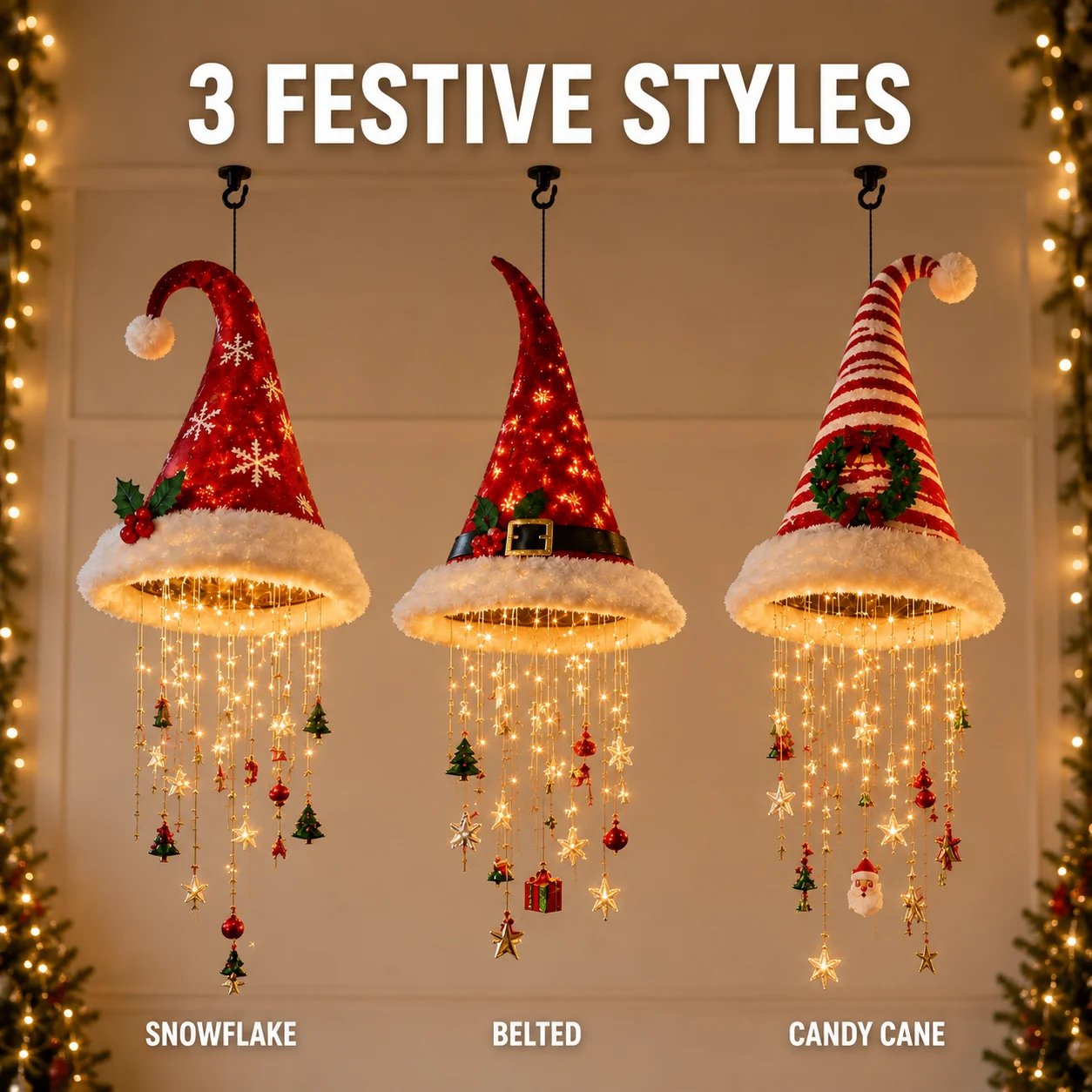 Holiday Lighted Garland three festive styles snowflake belted candy cane