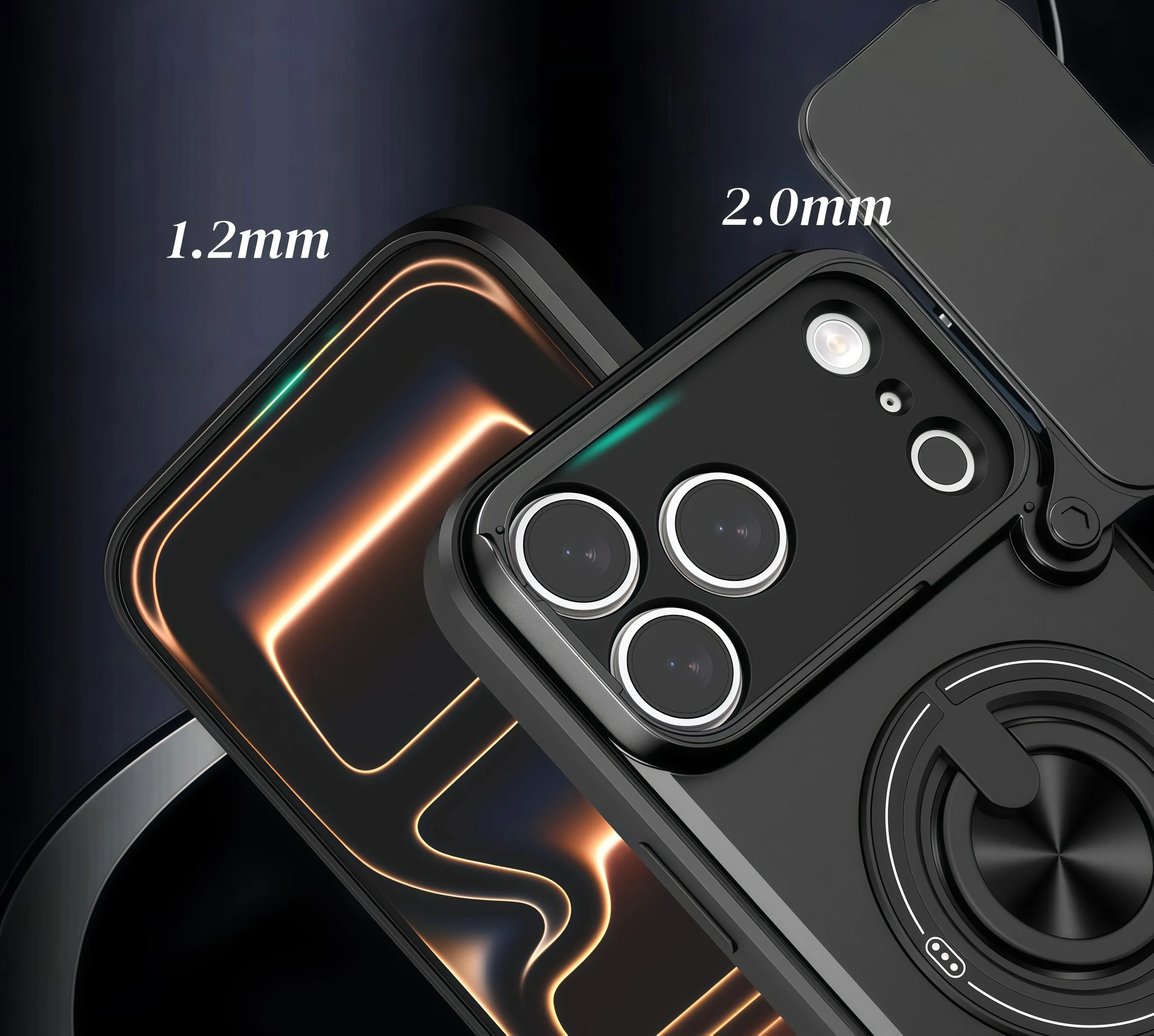 Phone case showing approximately 2.0 mm raised camera protection and 1.2 mm raised screen protection