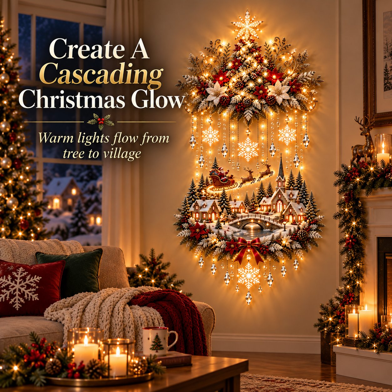 Warm cascading Christmas lights between tree and village