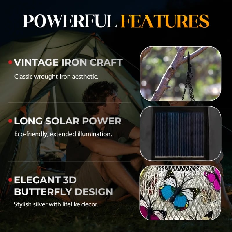 Solar powered butterfly iron hanging lantern for patio balcony garden