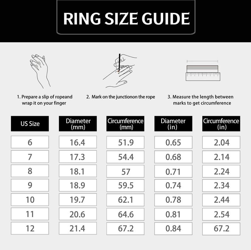 Ring size guide with instructions on how to measure finger circumference