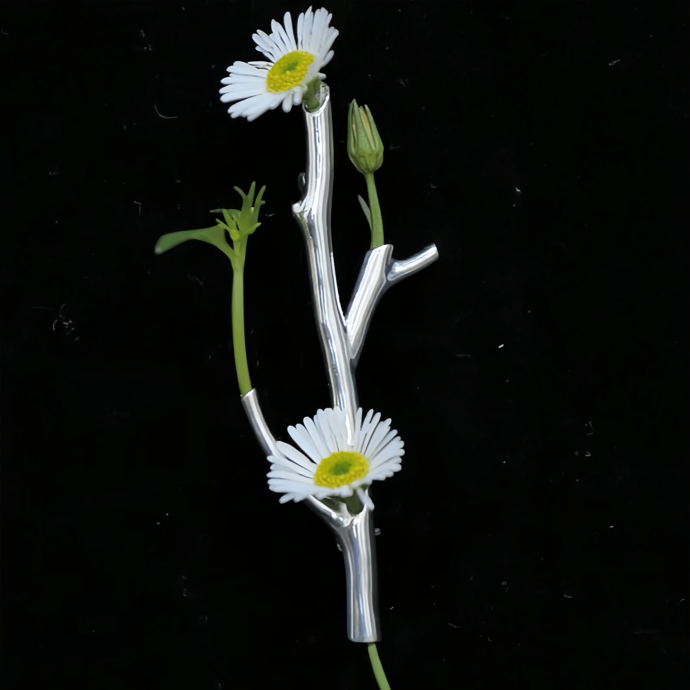 Silver branch brooch holding a daisy flower Silver branch brooch holding a daisy flower