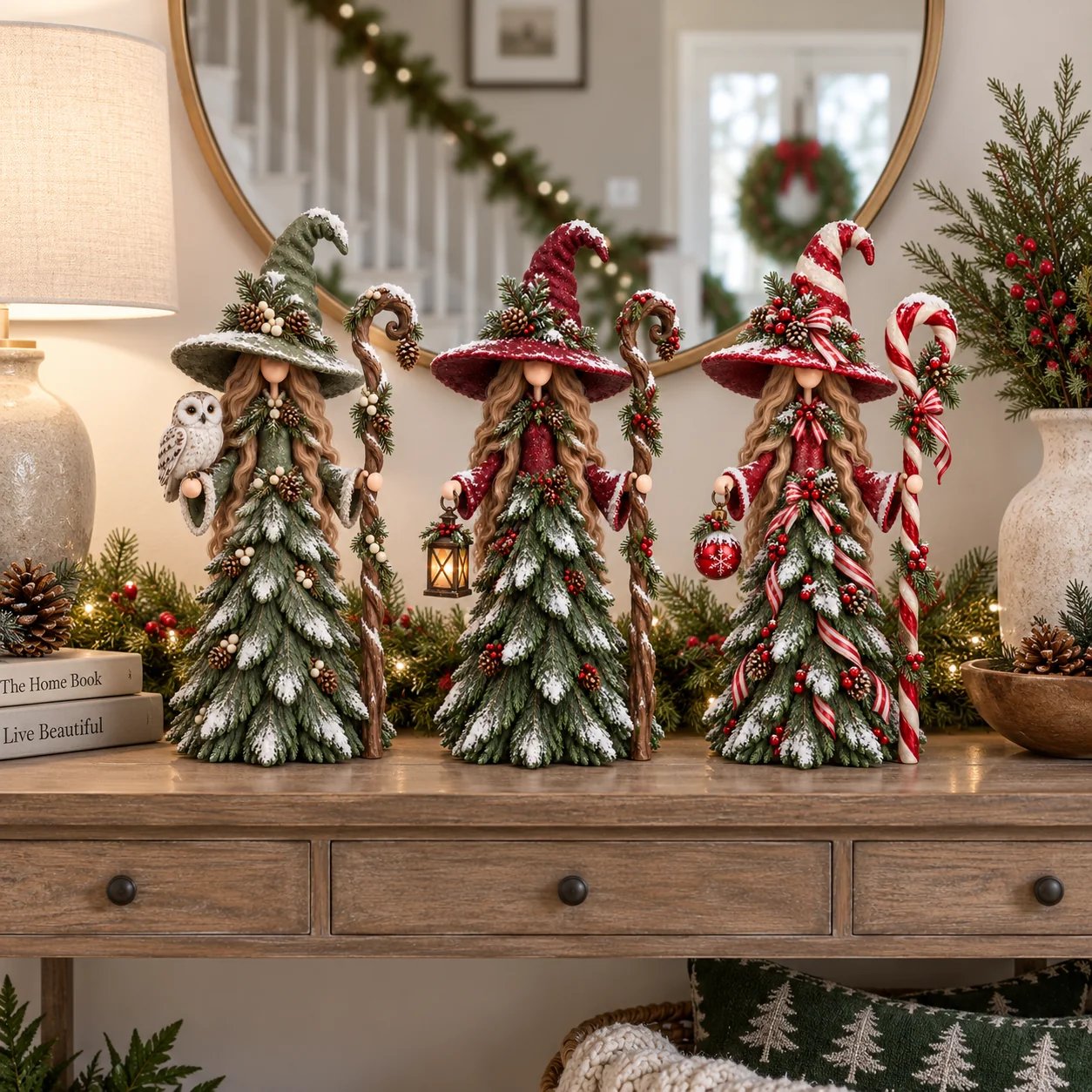 Whimsical Christmas Witch Resin Figurine Collection in a warm home