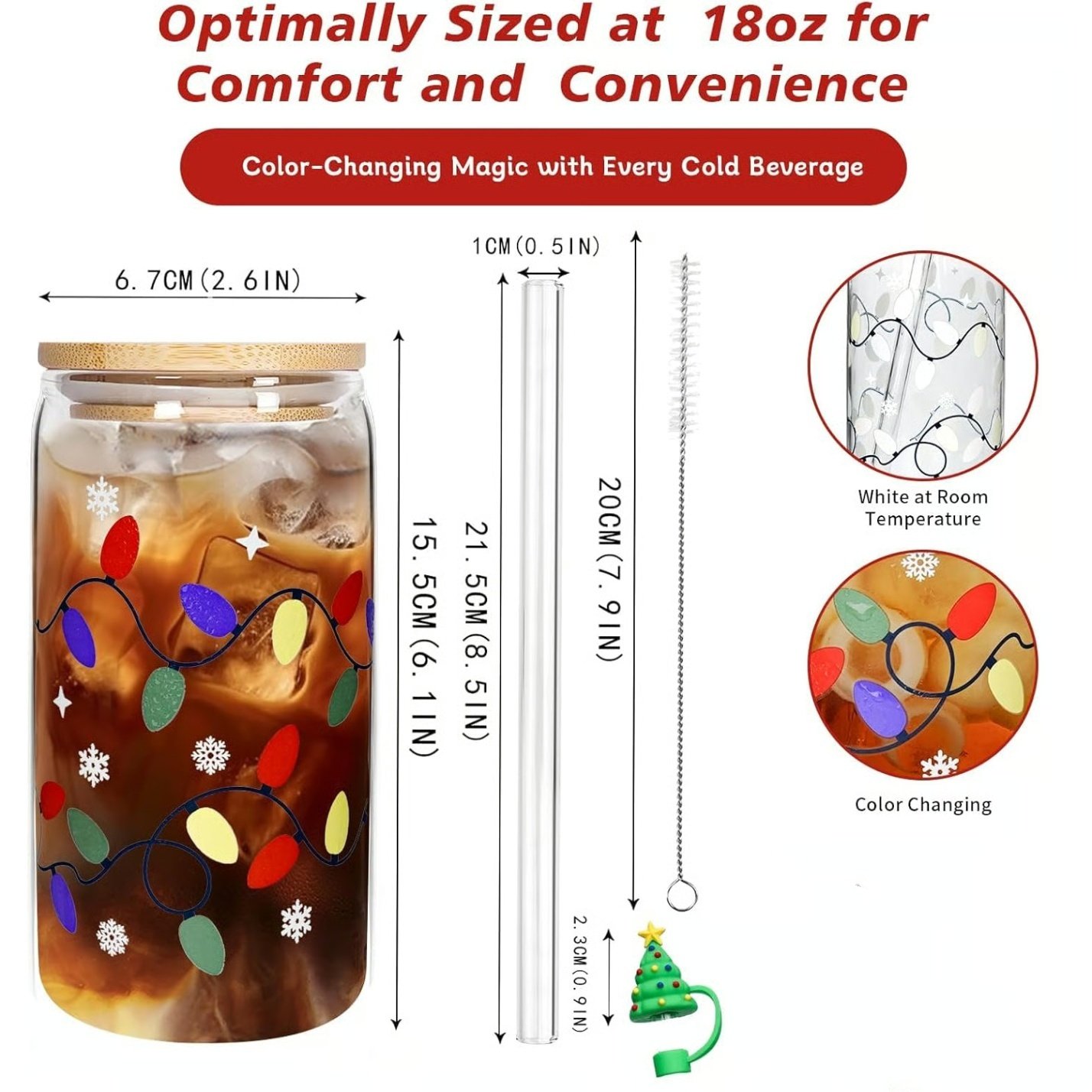 18oz Christmas cup with reusable glass straw