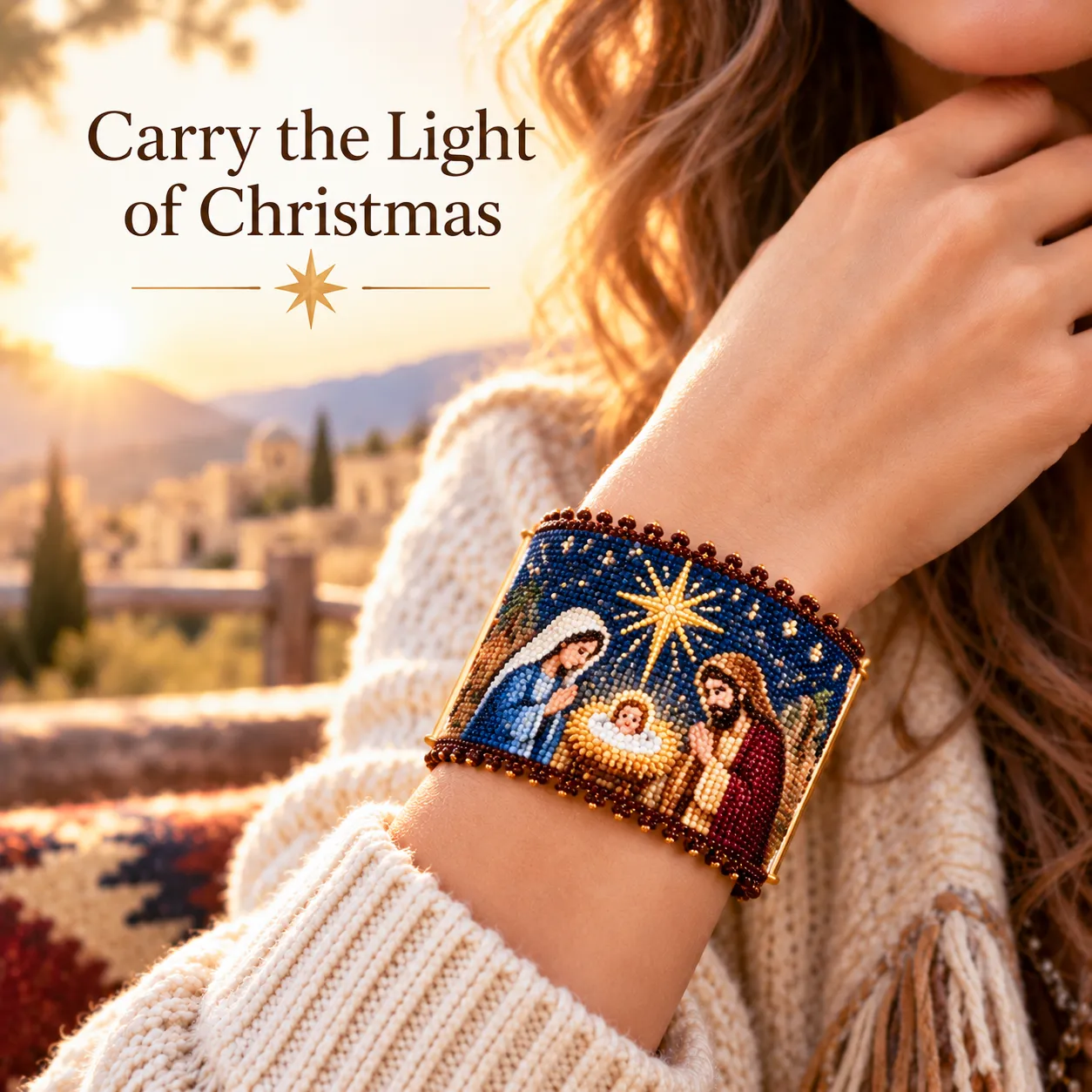 Woman wearing a handmade Nativity beaded cuff bracelet