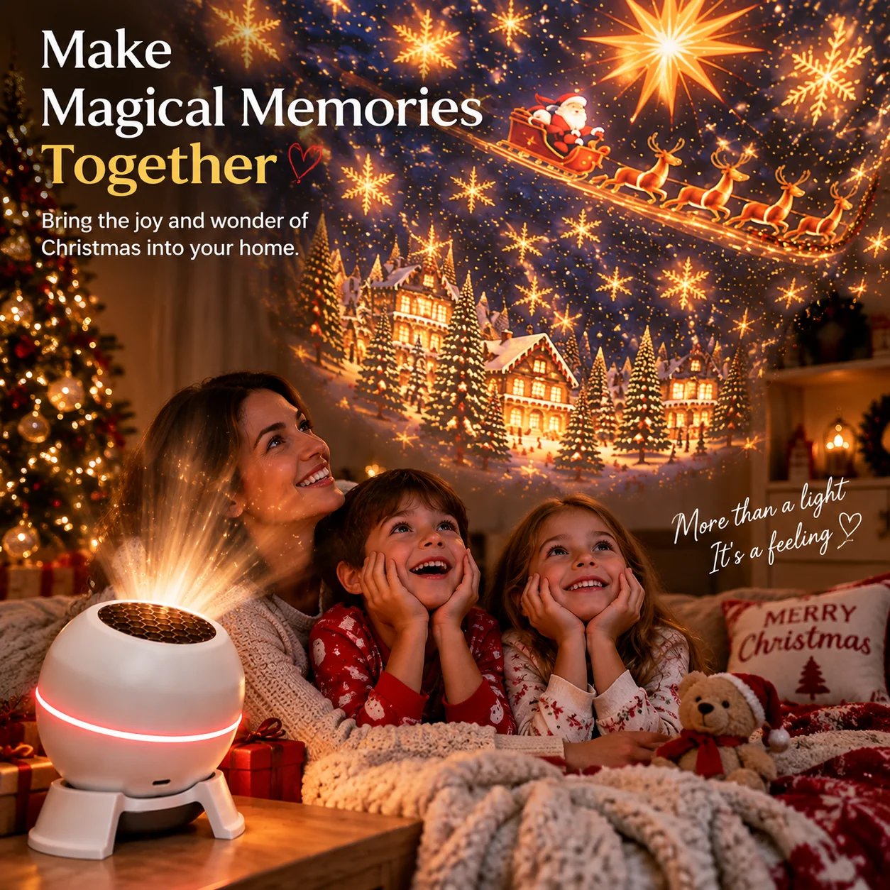 Family enjoying Christmas projection light together
