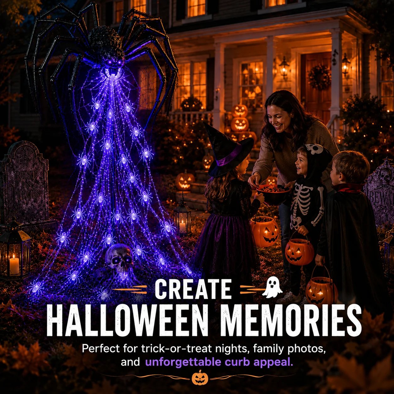 Family enjoying trick or treating beside the giant glowing spider web Halloween yard display