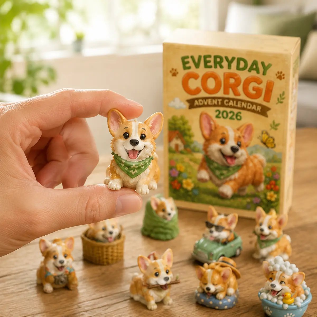 A hand holding a small Corgi ornament beside the Everyday Corgi Advent Calendar box