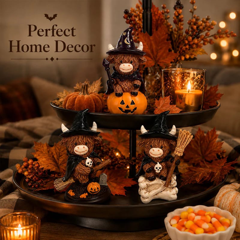 Three Halloween Highland Cow ornament styles