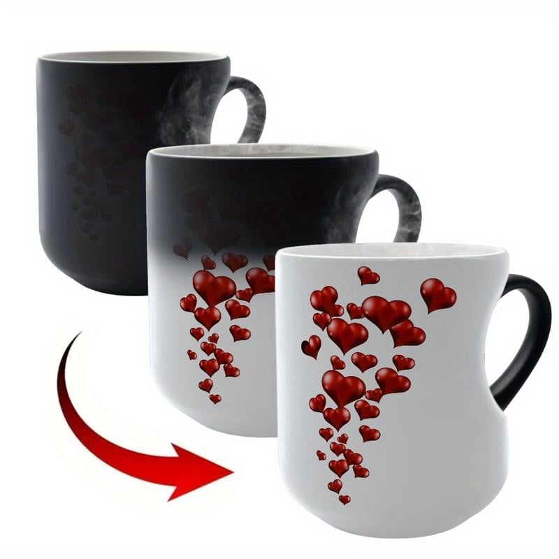 1pc Heart-Shaped Color Changing Ceramic Mug - Hot/Cold Thermochromic Design, Red Heart Pattern, Reusable Coffee Cup for Valentine'S Day, Christmas, Birthdays - Perfect Gift for Holidays & Special Occasions, Coffee Bar Accessories, Festive Drinkware, Roman