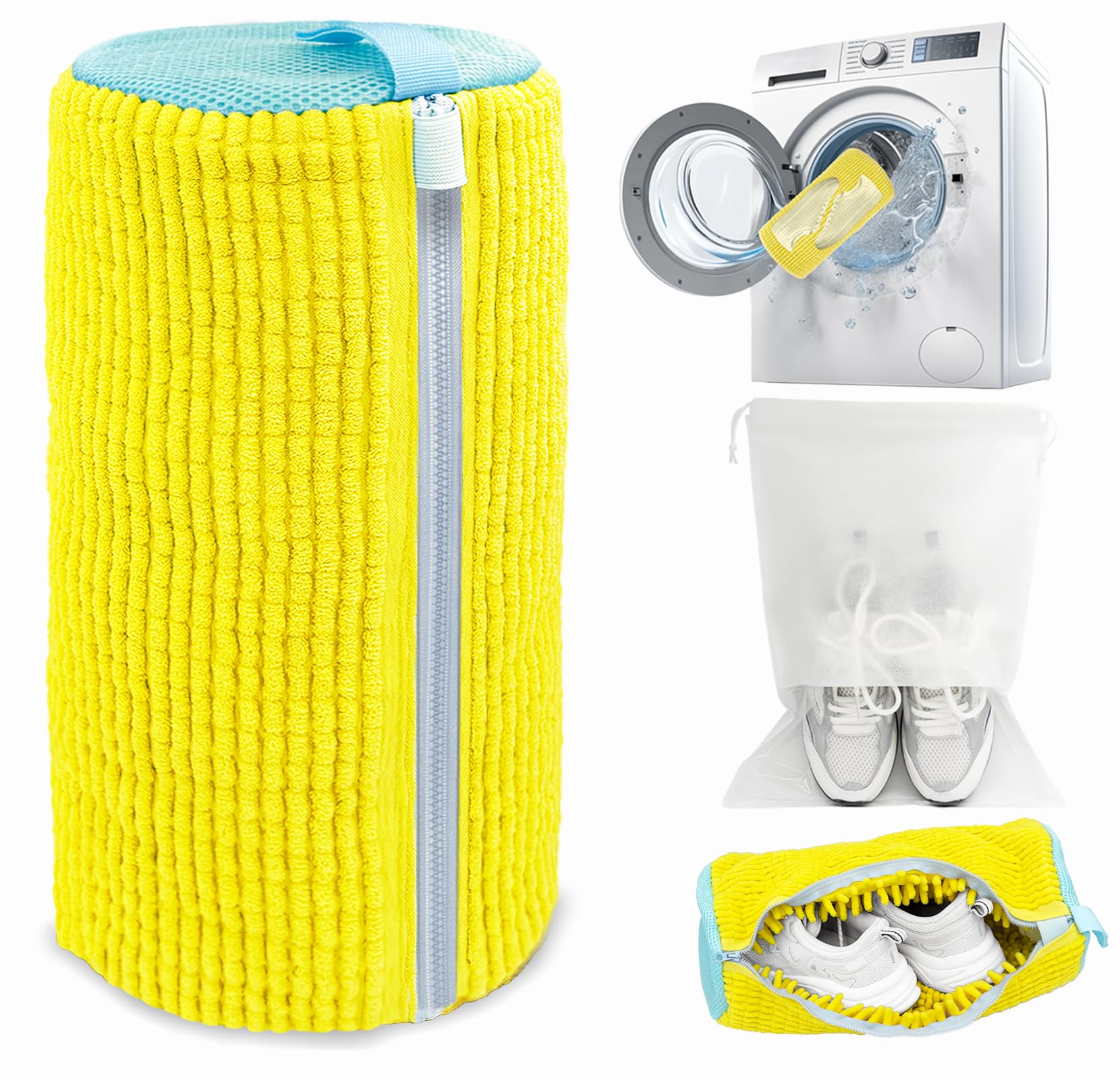 Yellow microfiber shoe washing machine bag with breathable mesh and zipper