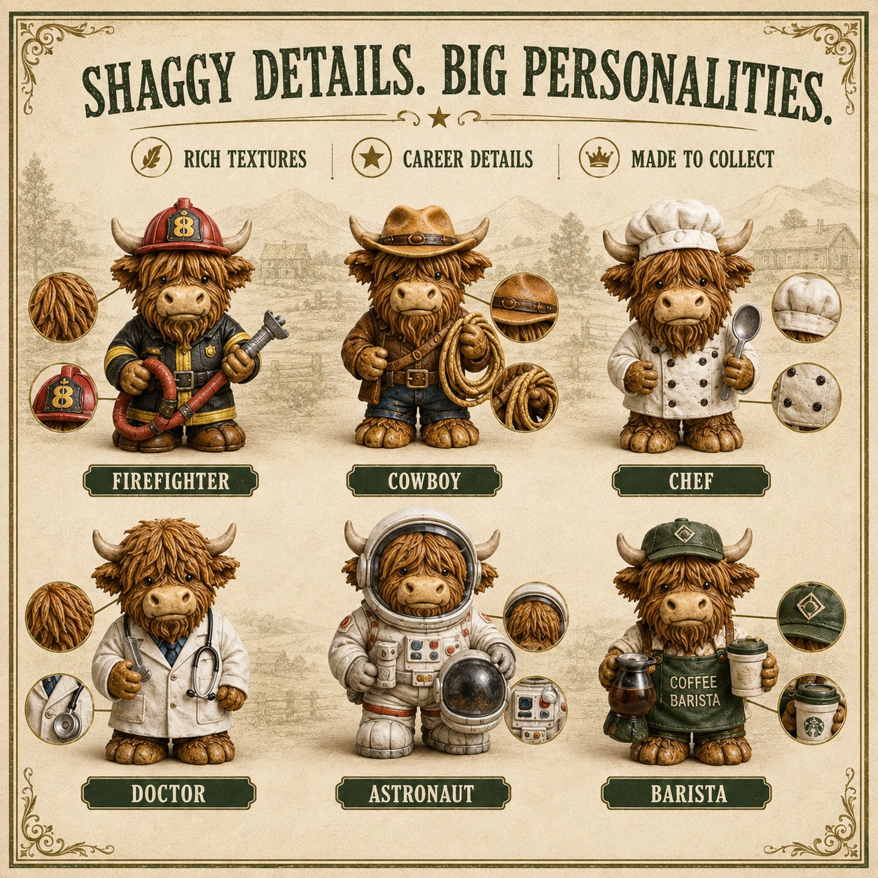 Close-up details of Highland Cow career figurines
