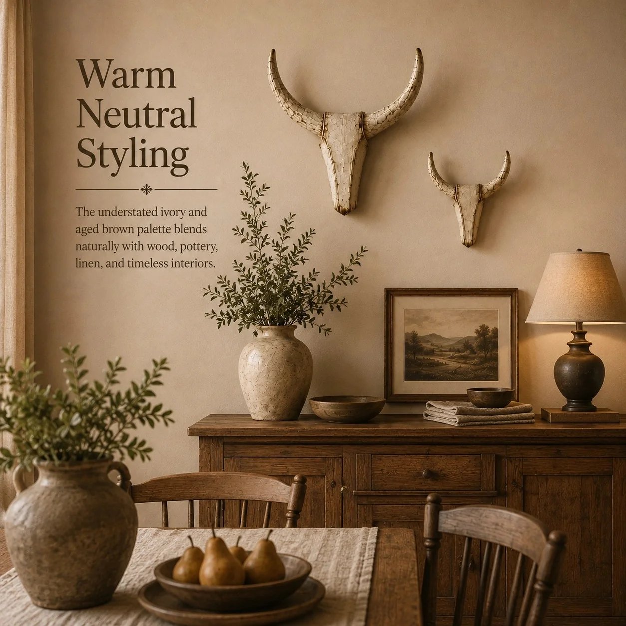 Vintage longhorn wall sculptures styled with wood pottery and linen