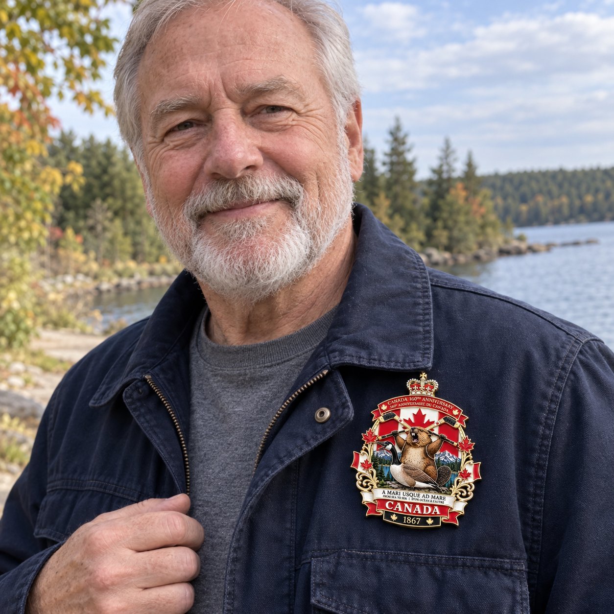 Older man wearing the Canada anniversary badge on a navy jacket beside a lake — AI-generated lifestyle image