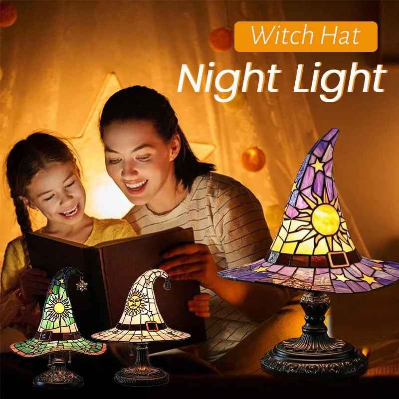 Magic witch hat night light glowing in a cozy room
