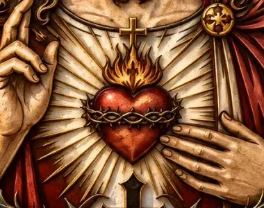 Close-up detail of the Sacred Heart with golden flames and radiant rays