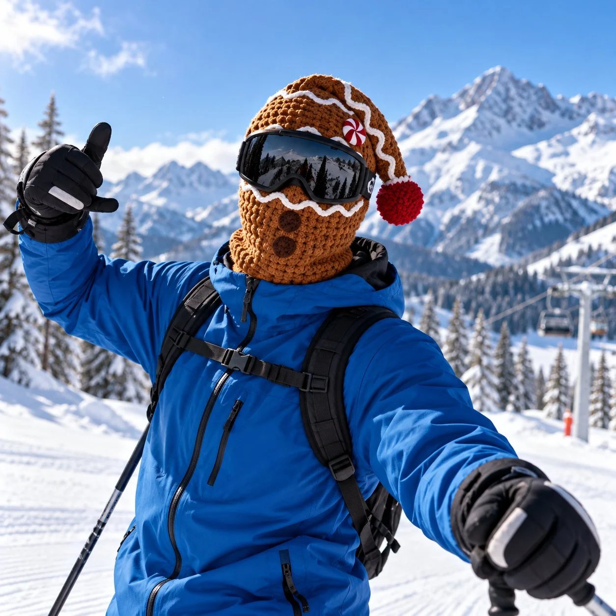 Bruin peperkoekmannetje gebreid skimasker met witte glazuurdetails