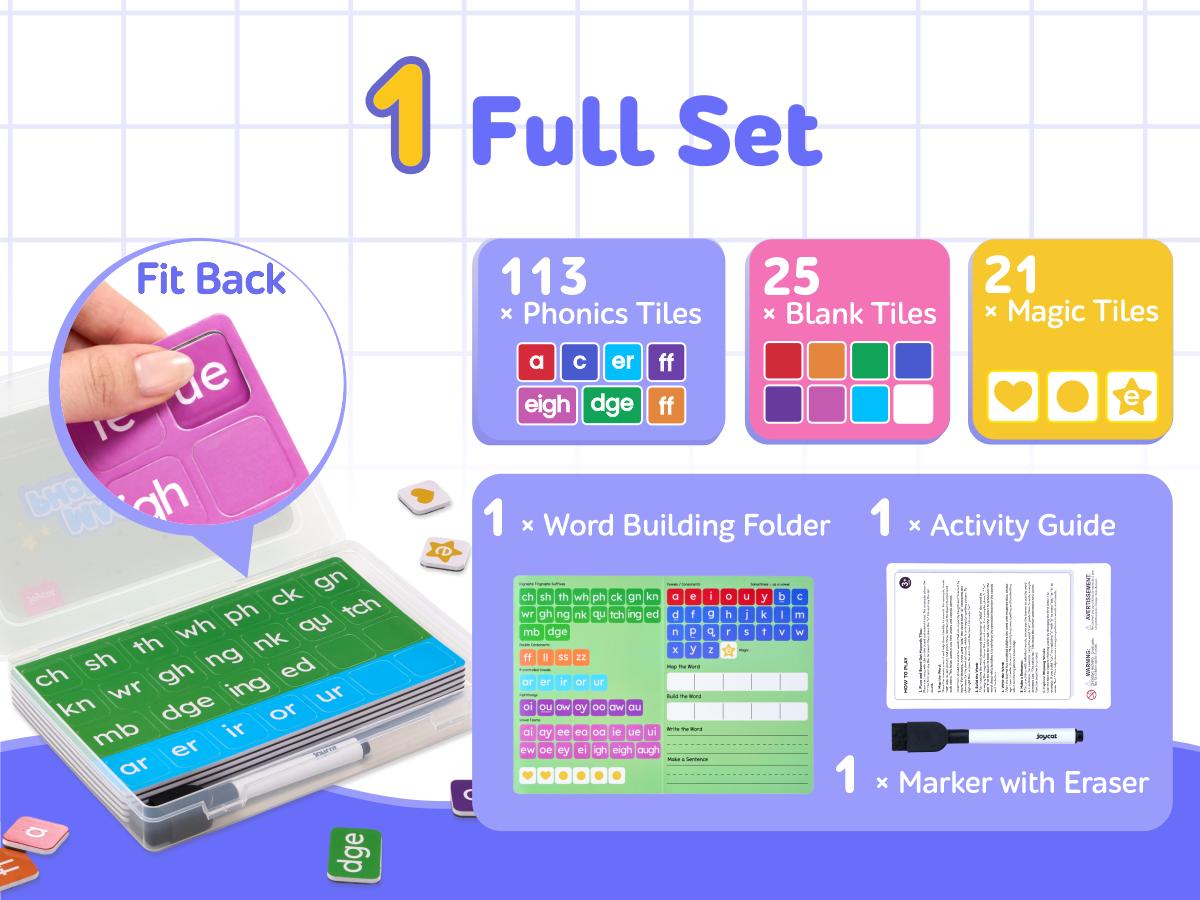 JoyCat Phonics Magnetic Letter Tiles- Hooked on Phonics, ABC Reading Games Set with Word-Building Folder & Storage Case, Letter Sound Alphabet Letters, Spelling Learning Game for Kids 3+, Preschool Pre k Classroom Materials