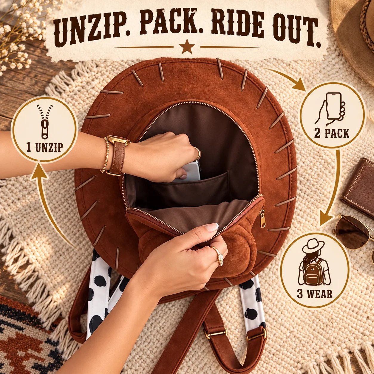 How to open pack and wear the cowgirl backpack