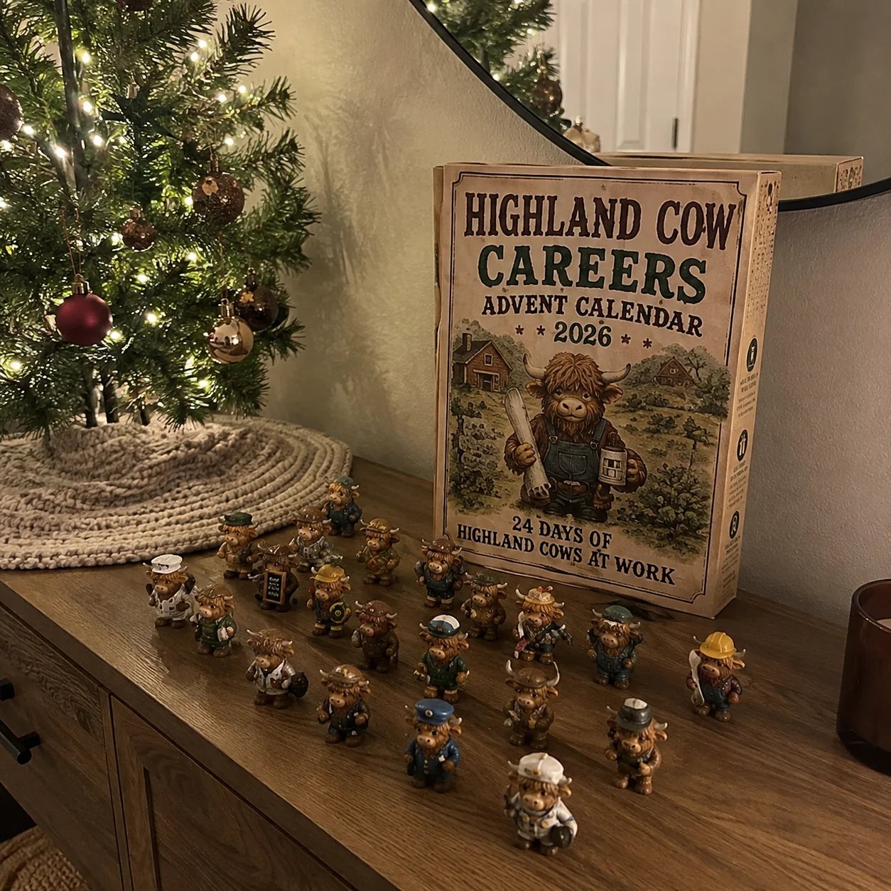 Customer holding Highland Cow Careers Advent Calendar at home