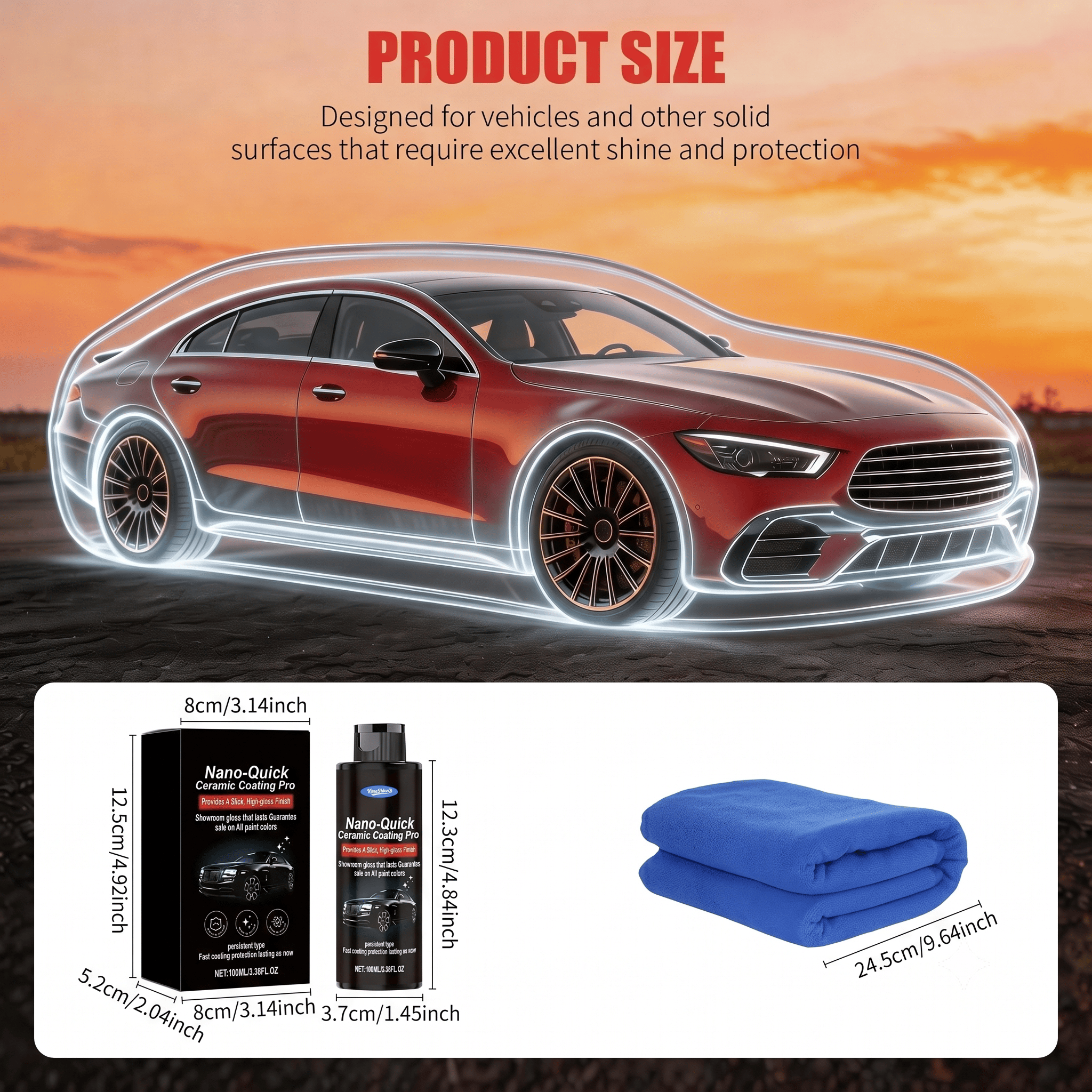 Product Size and Dimensions for Box, Bottle, and Microfiber Towel