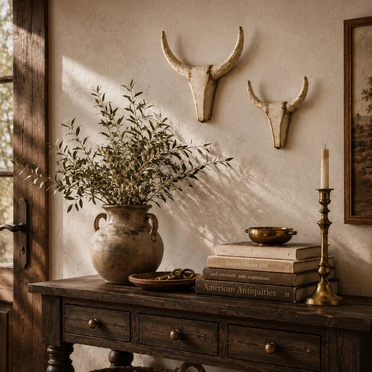 Distressed longhorn wall sculptures in vintage entryway