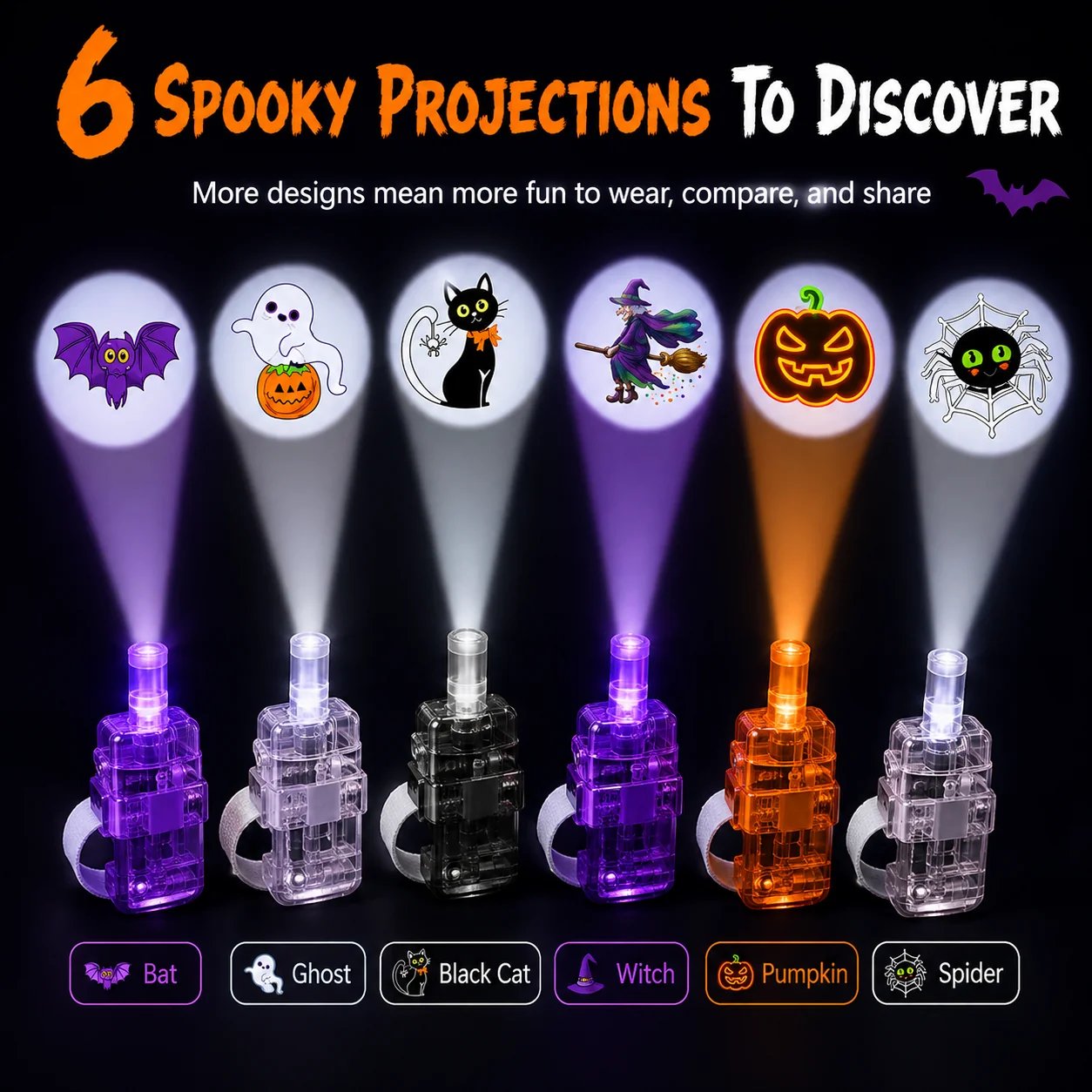 Six Halloween projection designs including bat ghost black cat witch pumpkin and spider