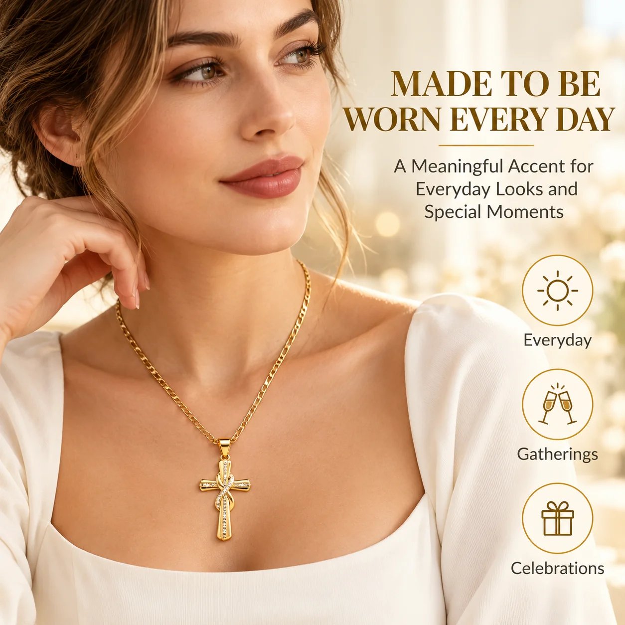 ✝️ 14K Gold-Plated Cross Pendant Necklace – CZ Faith Jewelry detail view 3
