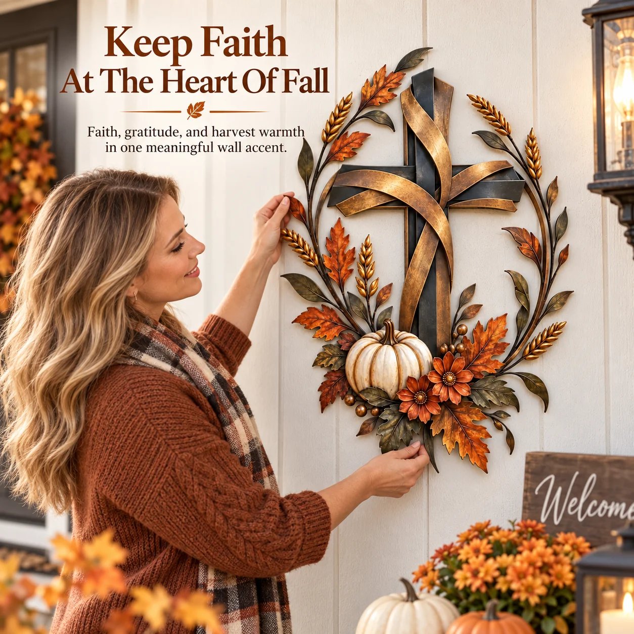 A woman displays the Autumn Harvest Cross beside a warmly decorated fall entryway.