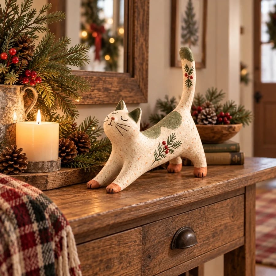 Woodland Christmas Cat Figurine styled on an entryway table