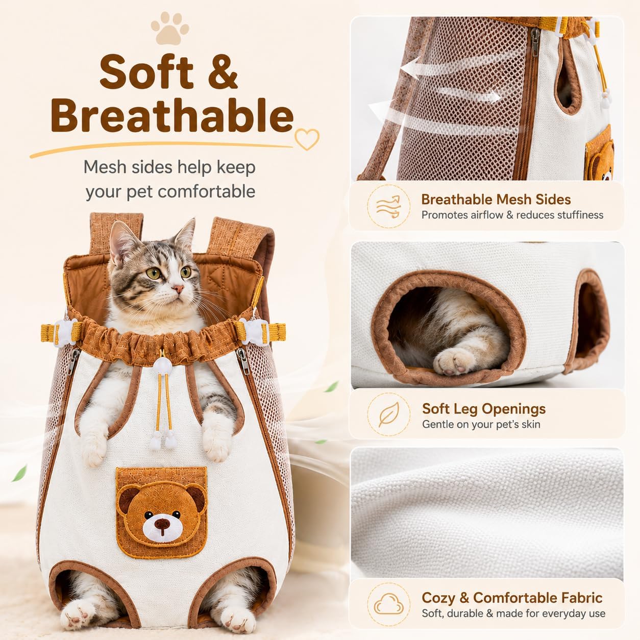 Breathable mesh and soft leg openings on front pet carrier