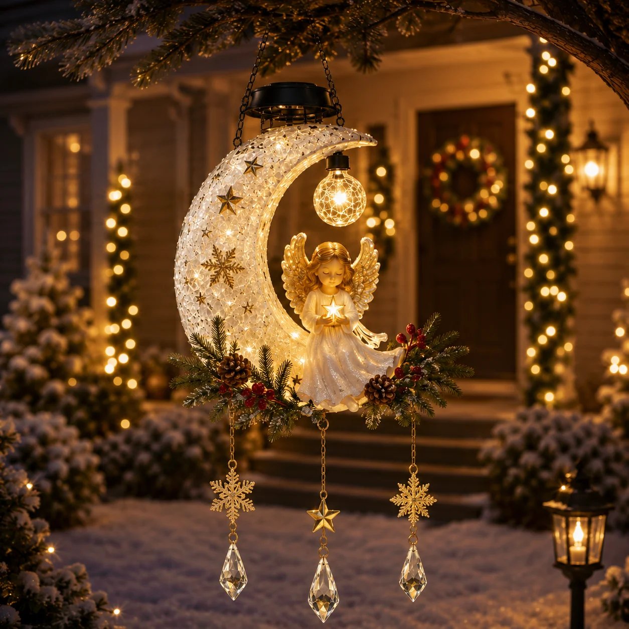 Angel Moon Christmas solar hanging light glowing on a snowy porch