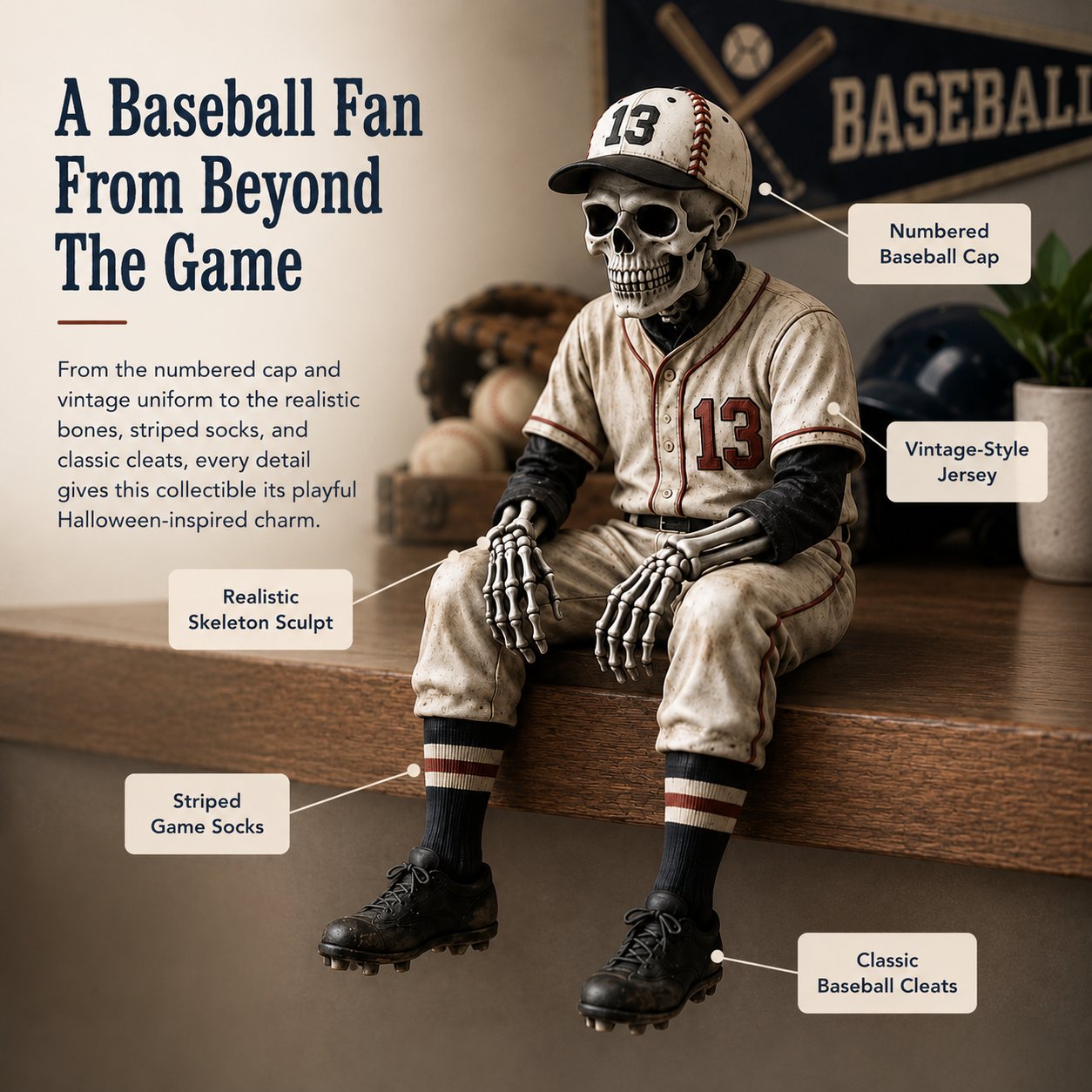 Baseball skeleton shelf sitter vintage uniform number 13