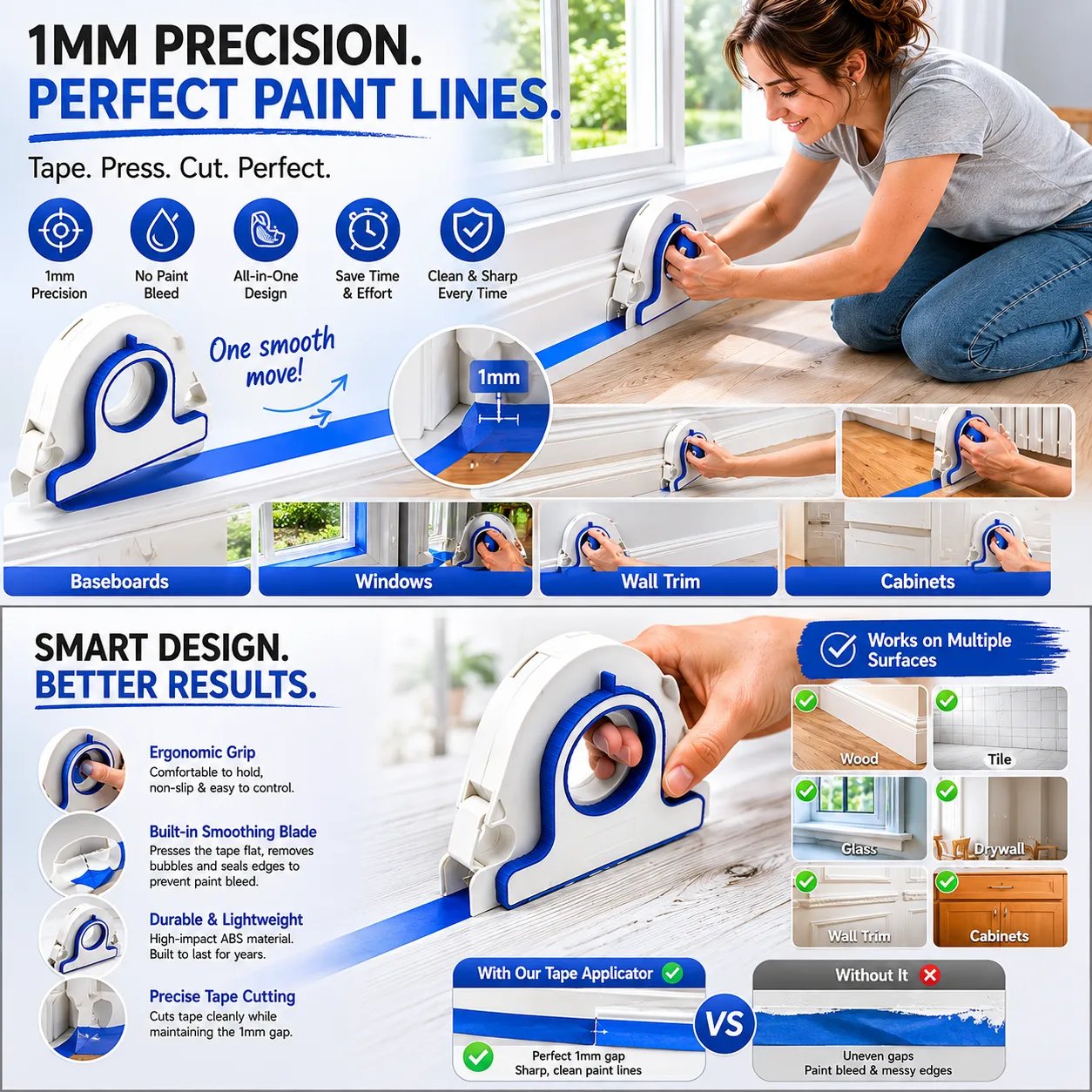 Integrated squeegee design for smoothing painter's tape onto a surface