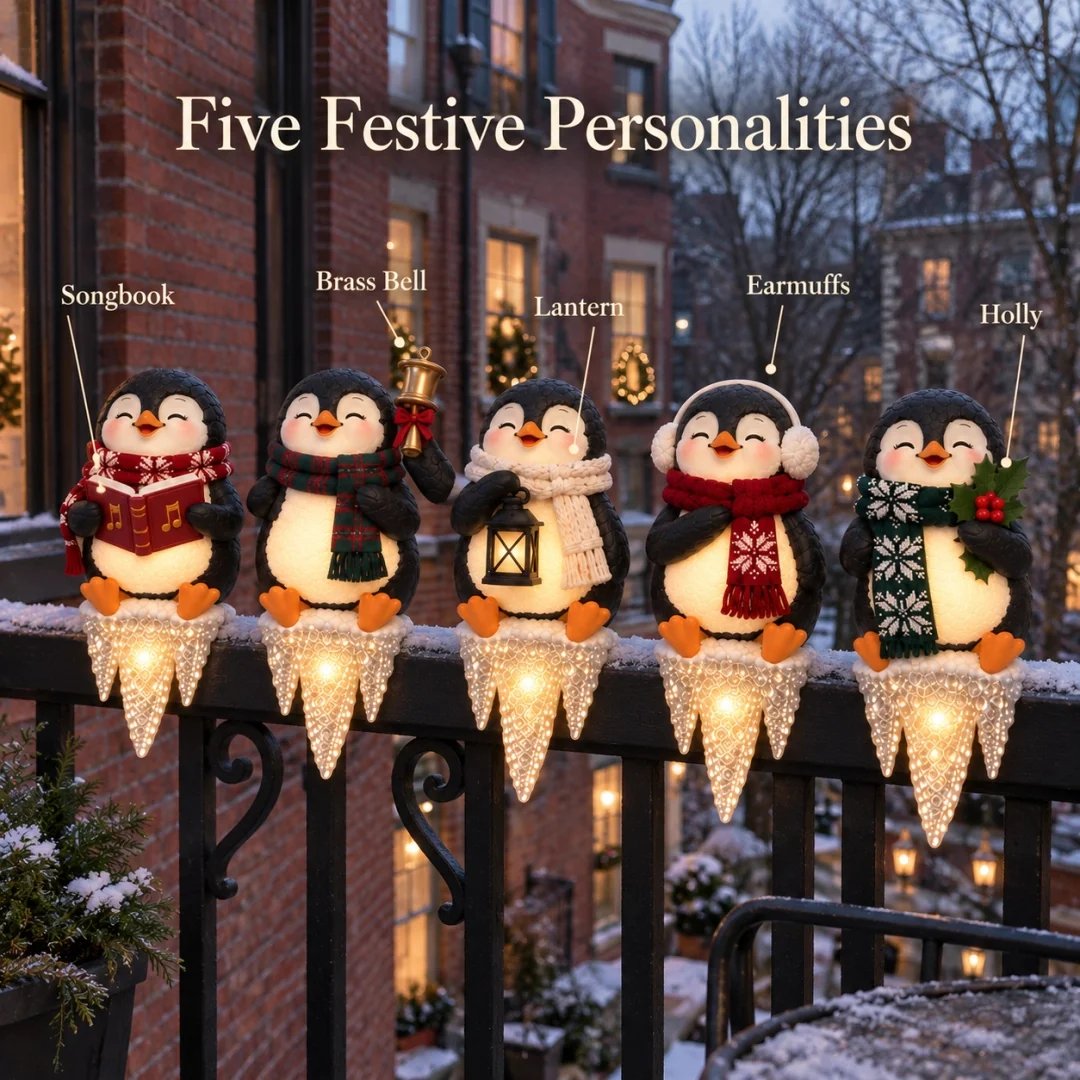 Five Different Festive Christmas Penguin Characters