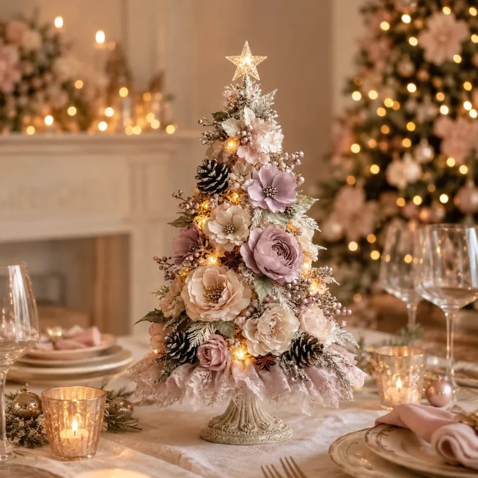 Blush floral pre-lit Christmas tree glowing on a dining table