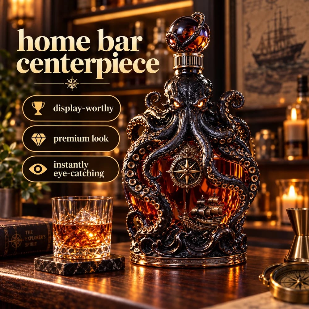 Kraken decanter displayed on a home bar