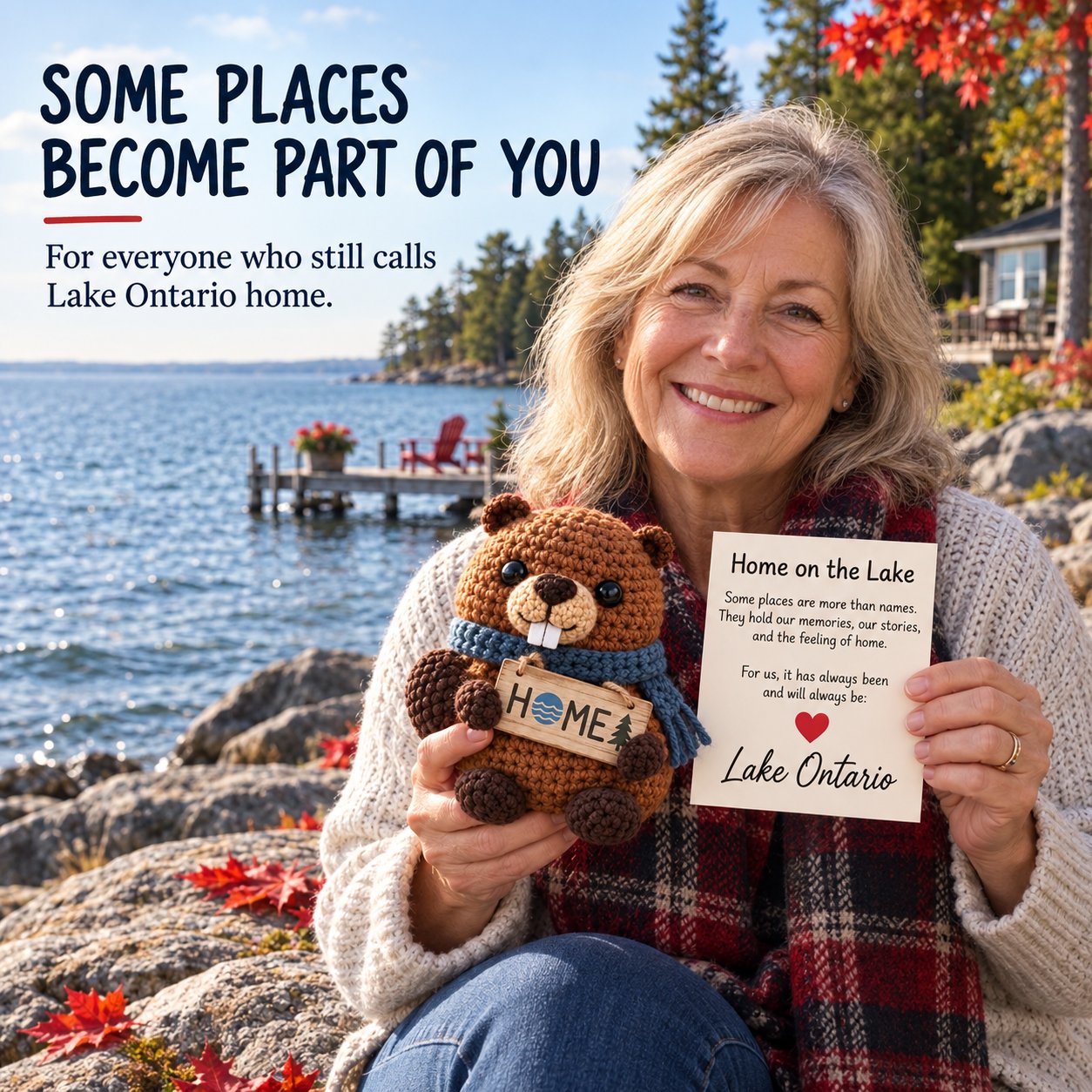Woman holding the Home on the Lake crochet beaver and message card beside Lake Ontario