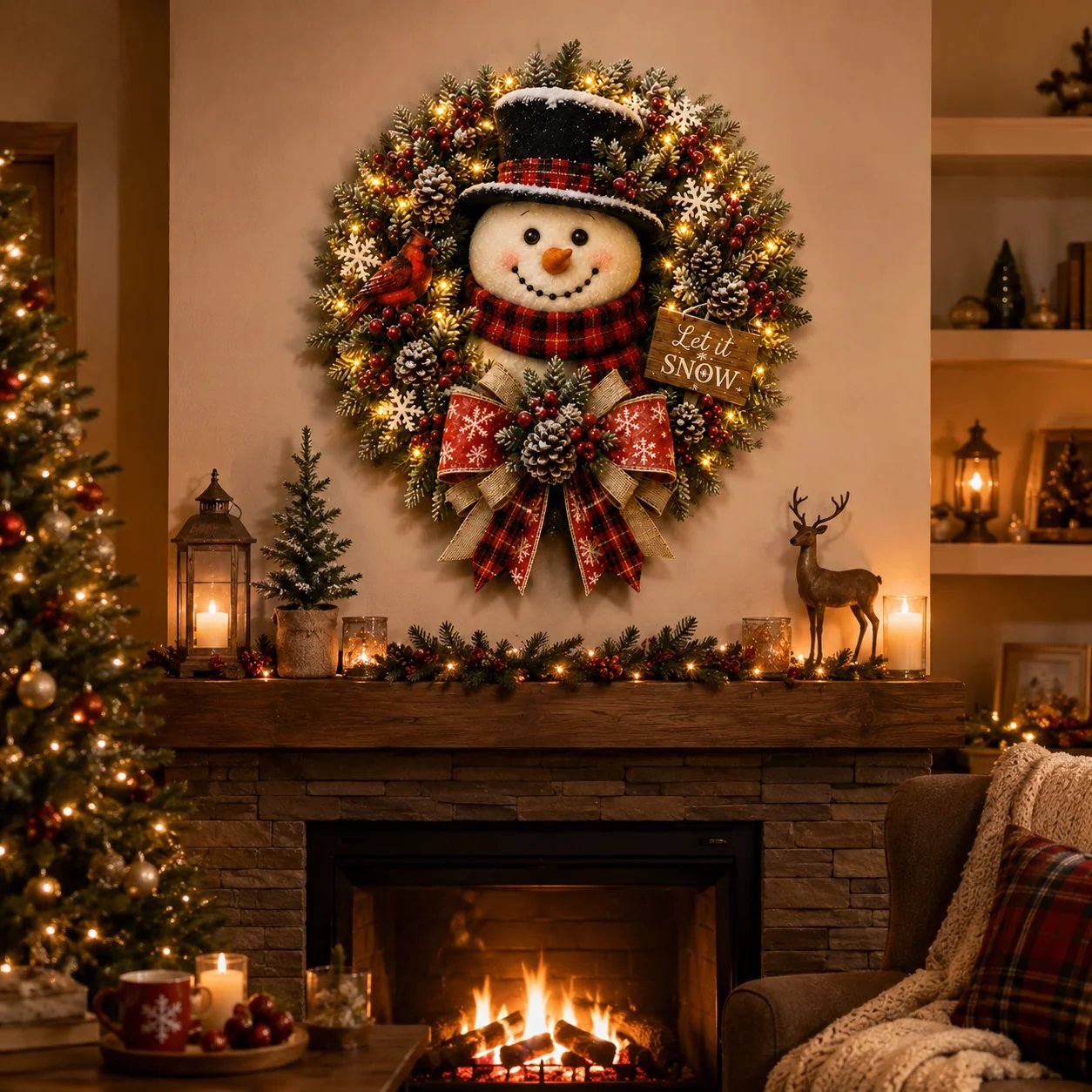 Snowman Christmas Wreath Fireplace Decor