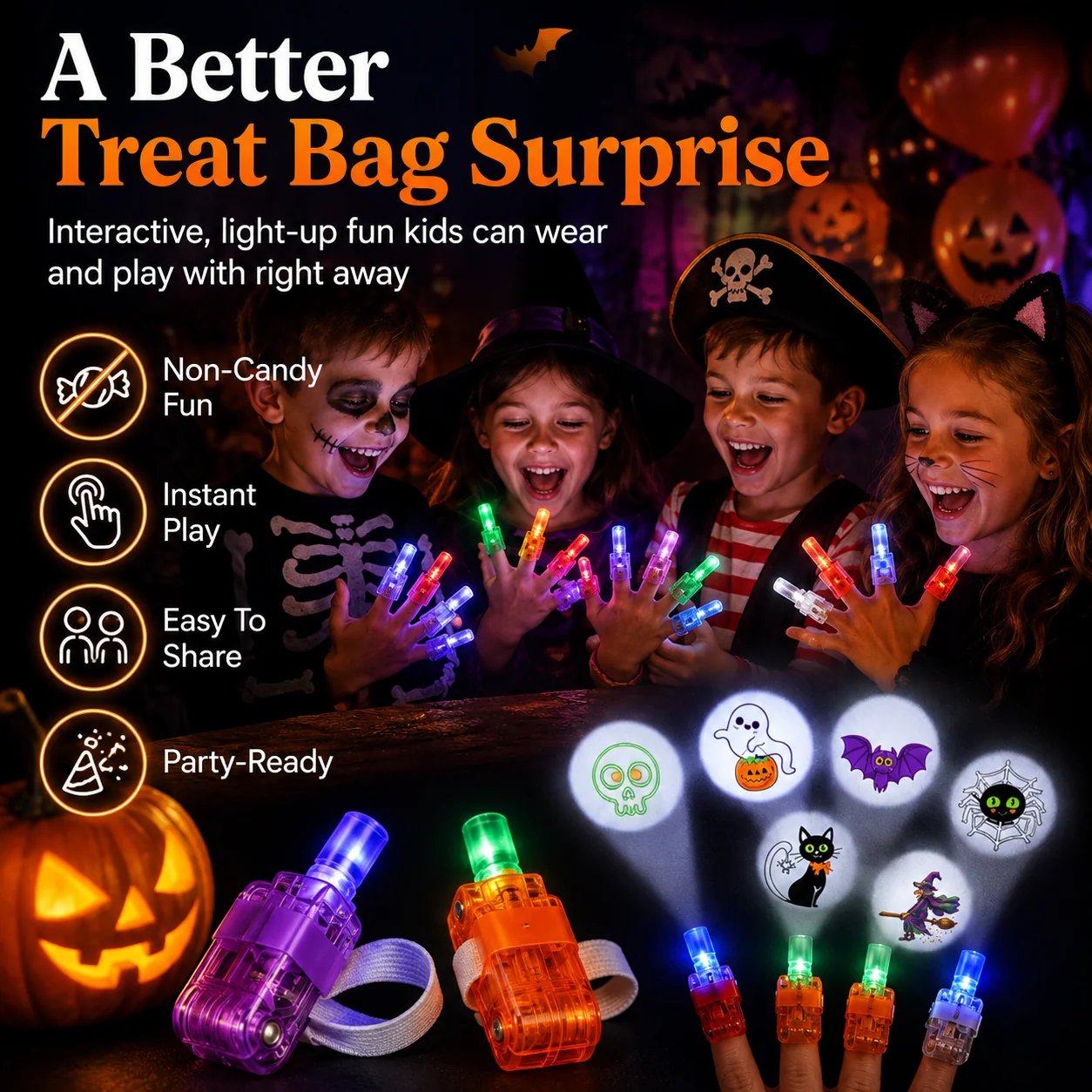 Halloween finger projector lights as an interactive non-candy treat bag surprise