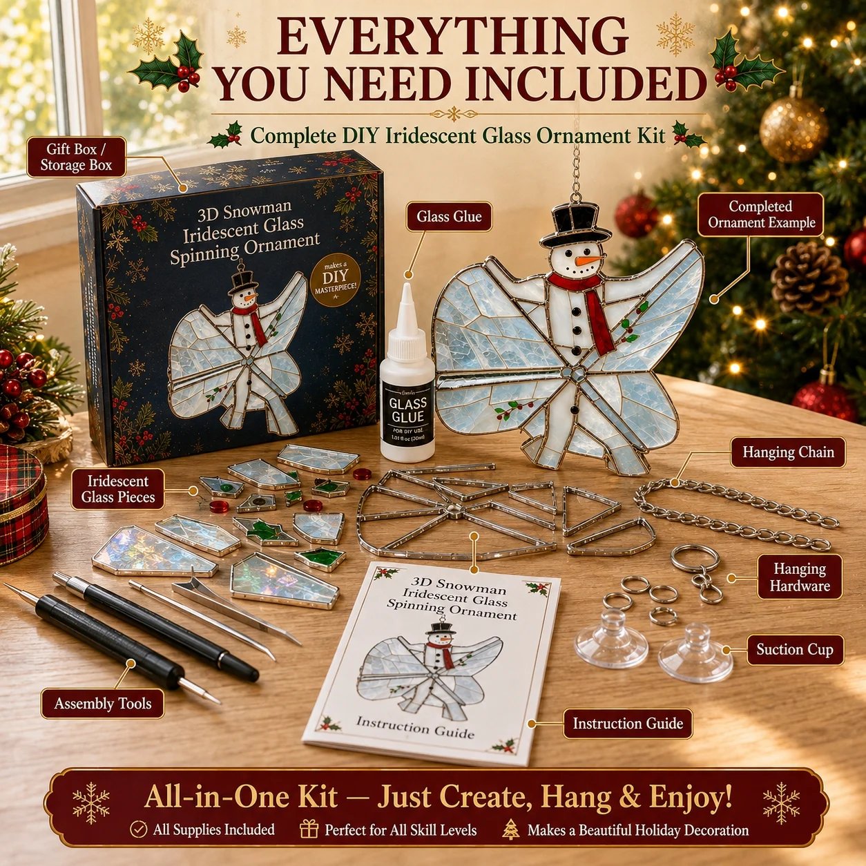 Everything included with the DIY iridescent glass ornament kit