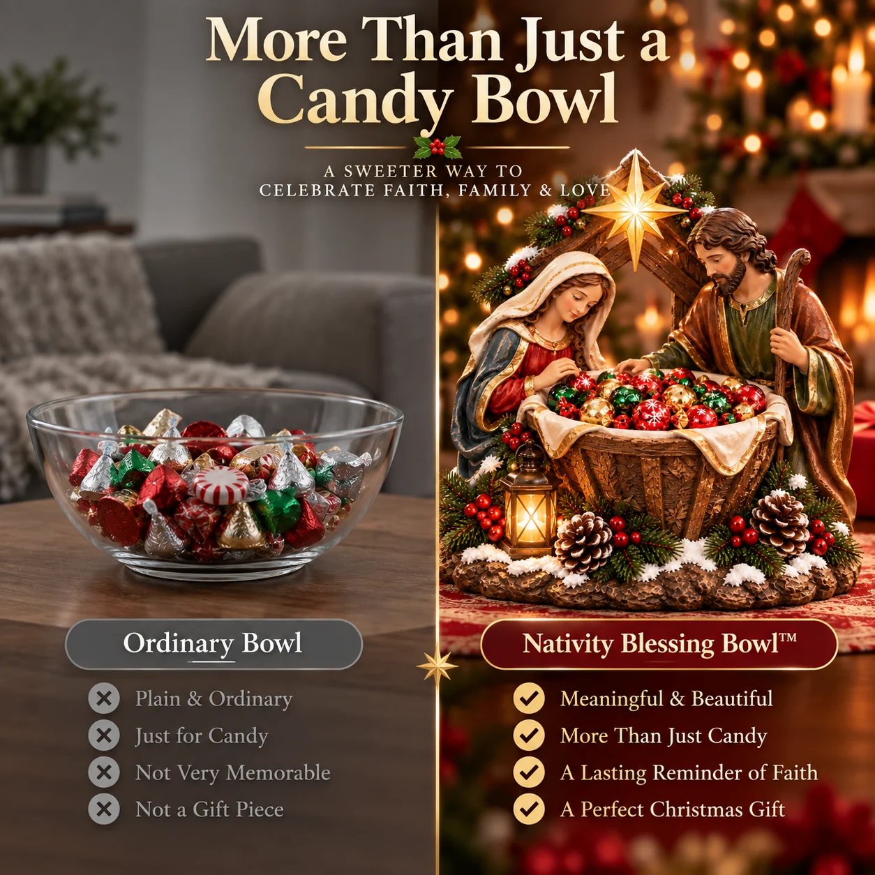 Ordinary candy bowl compared with Nativity Blessing Bowl